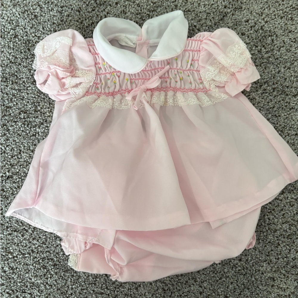 Adorable Vintage 1970s Pink Baby Dress with Bloomers